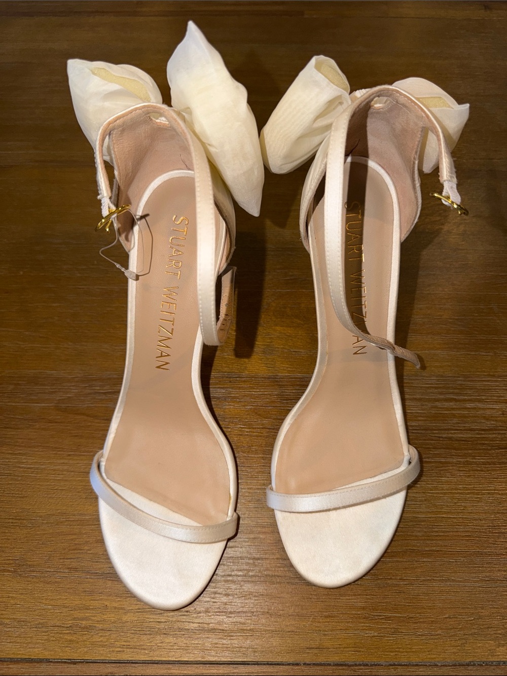 Stuart Weitzman Ivory Satin Bow Ankle-Strap Heels